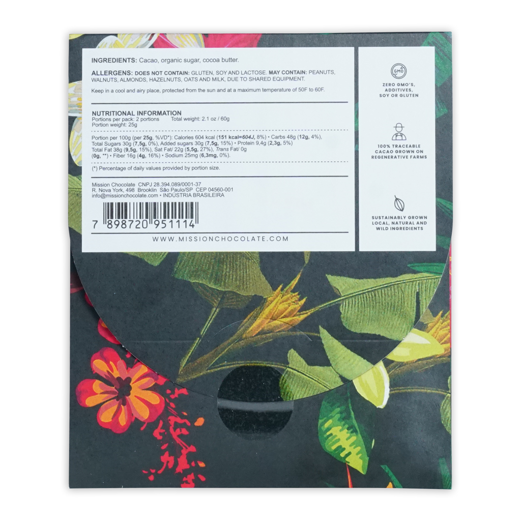 The back of mission chocolate brazil 70 percent limited package with vibrant red orange yellow and green floral patterns on dark background