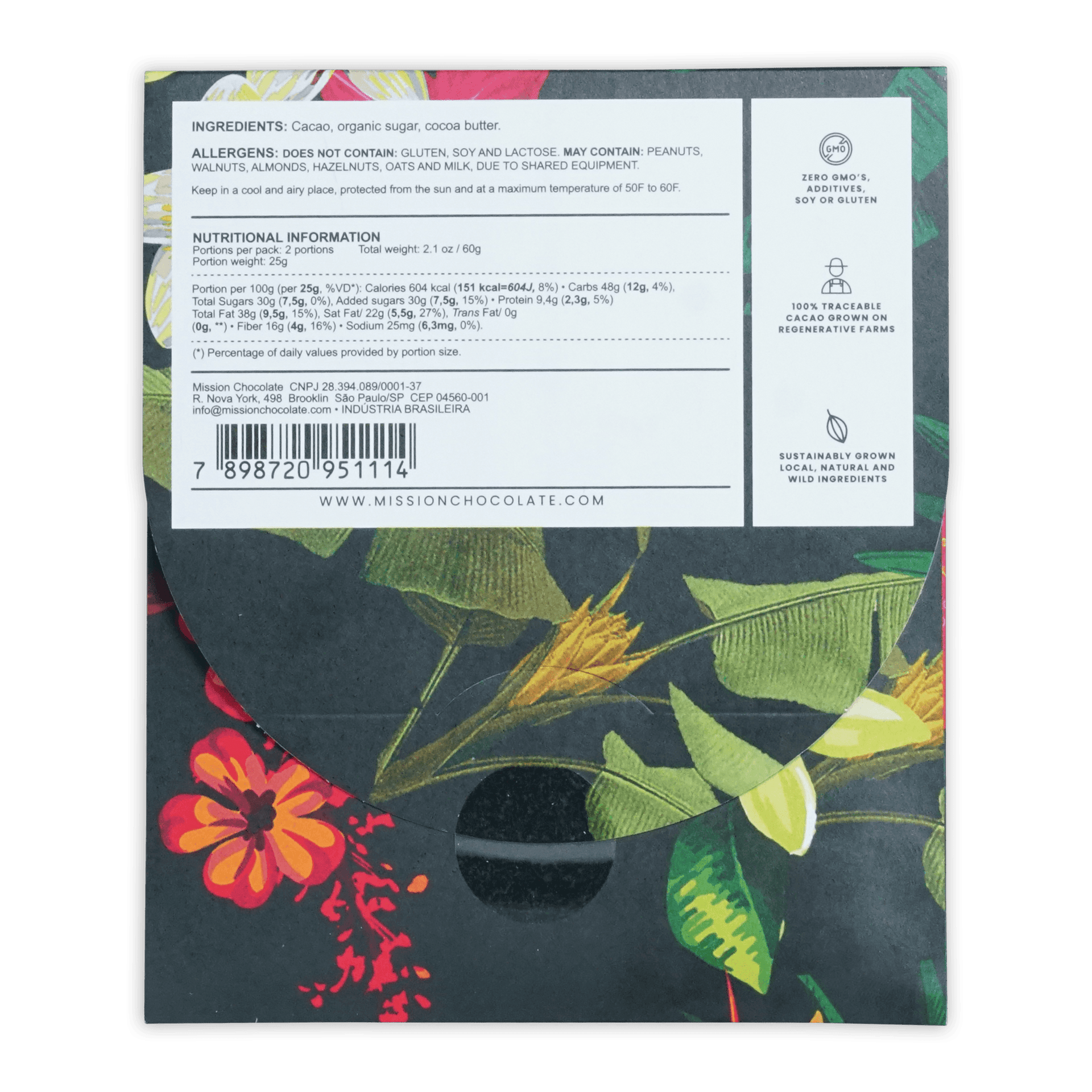The back of mission chocolate brazil 70 percent limited package with vibrant red orange yellow and green floral patterns on dark background