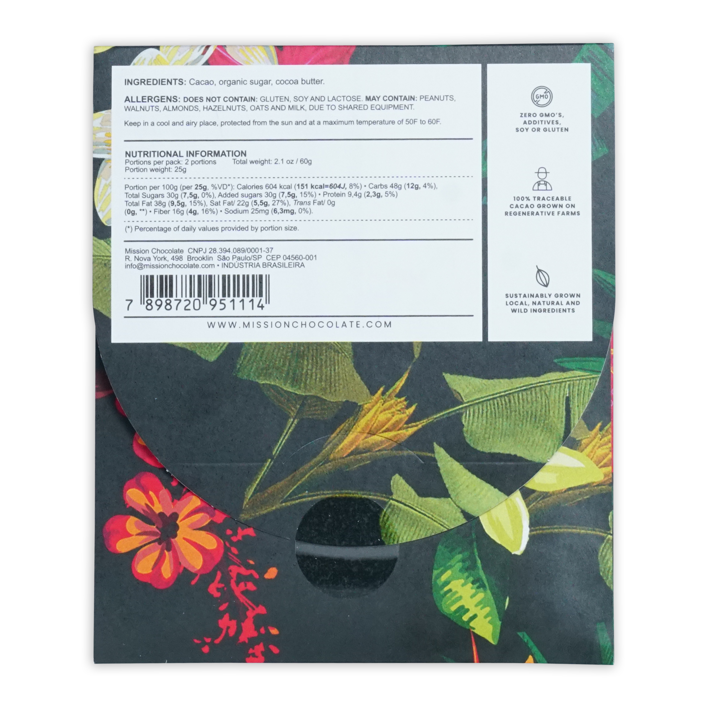 The back of mission chocolate brazil 70 percent limited package with vibrant red orange yellow and green floral patterns on dark background