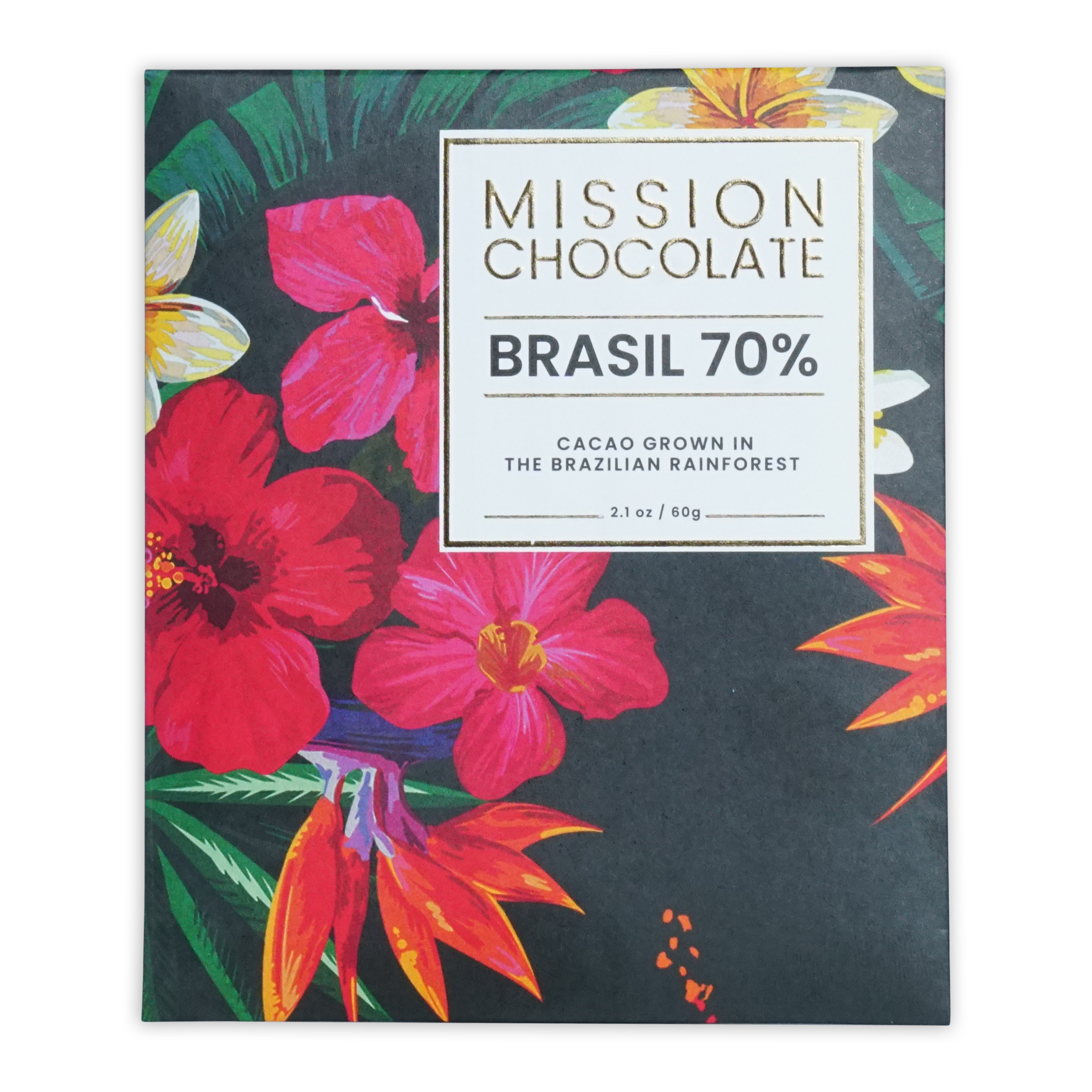 Mission chocolate brazil 70 percent dark chocolate bar in vibrant tropical floral wrapper with red and orange flowers