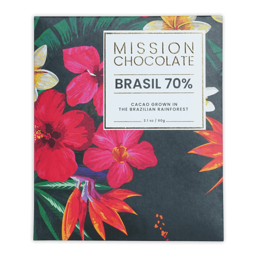 Mission chocolate brazil 70 percent dark chocolate bar in vibrant tropical floral wrapper with red and orange flowers