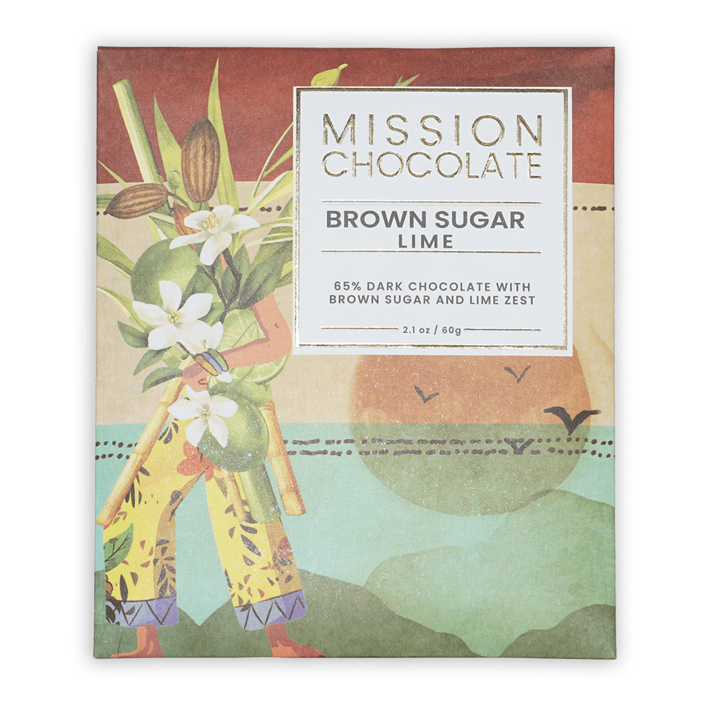 Mission Chocolate brown sugar lime 65% dark chocolate bar in tropical box