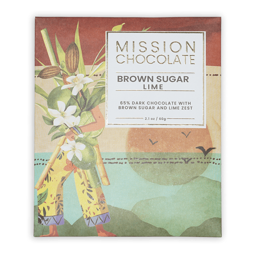 Mission Chocolate brown sugar lime 65% dark chocolate bar in tropical box