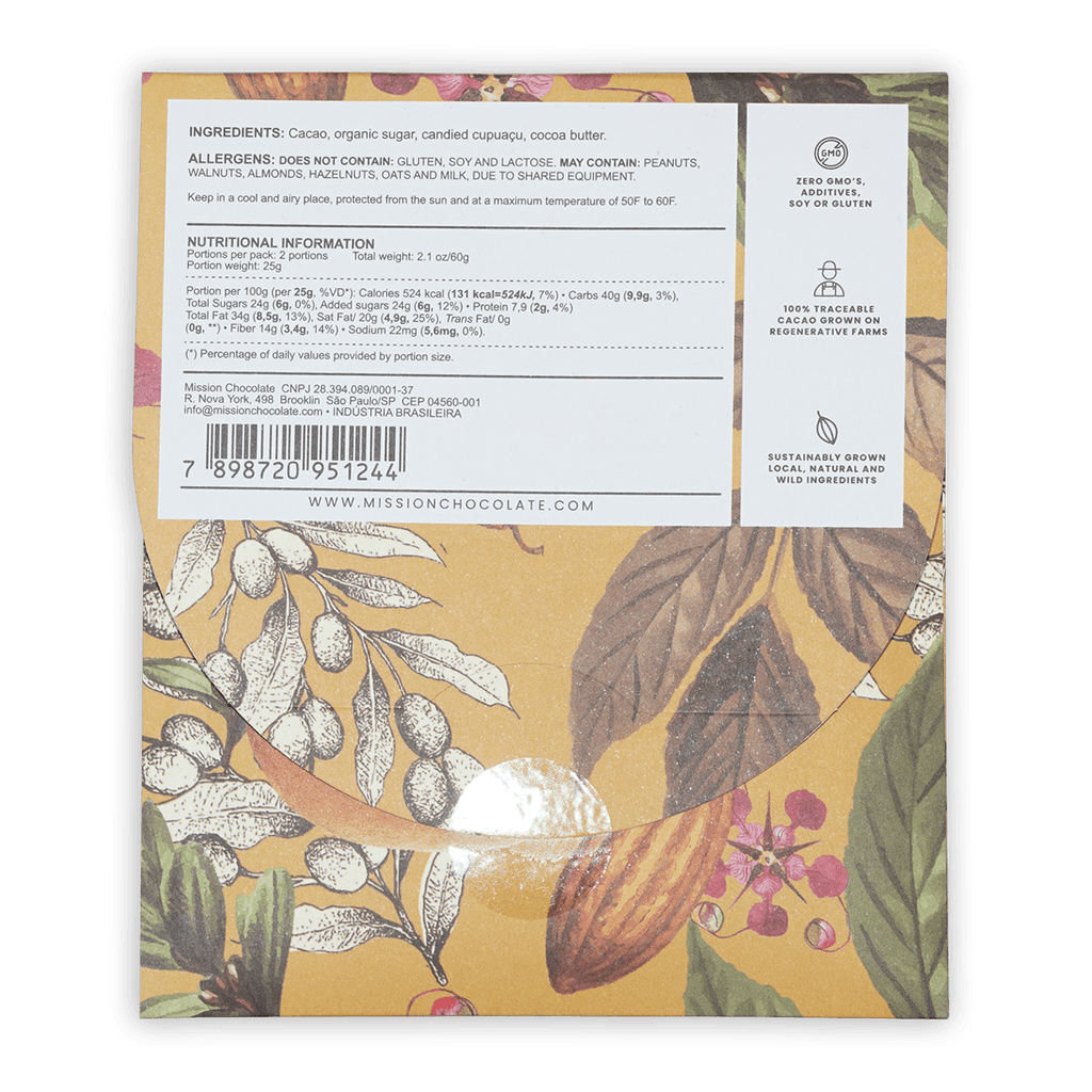 Back of Mission Chocolate Cupuacu 70% bar wrapper with cocoa pod illustration