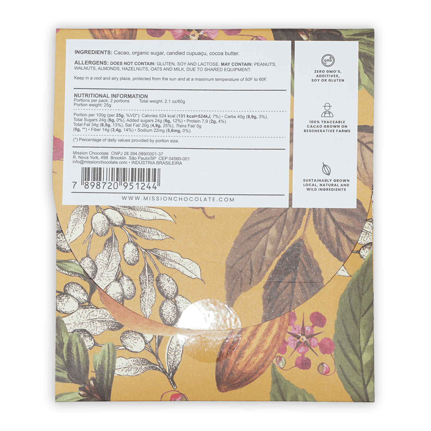 Back of Mission Chocolate Cupuacu 70% bar wrapper with cocoa pod illustration