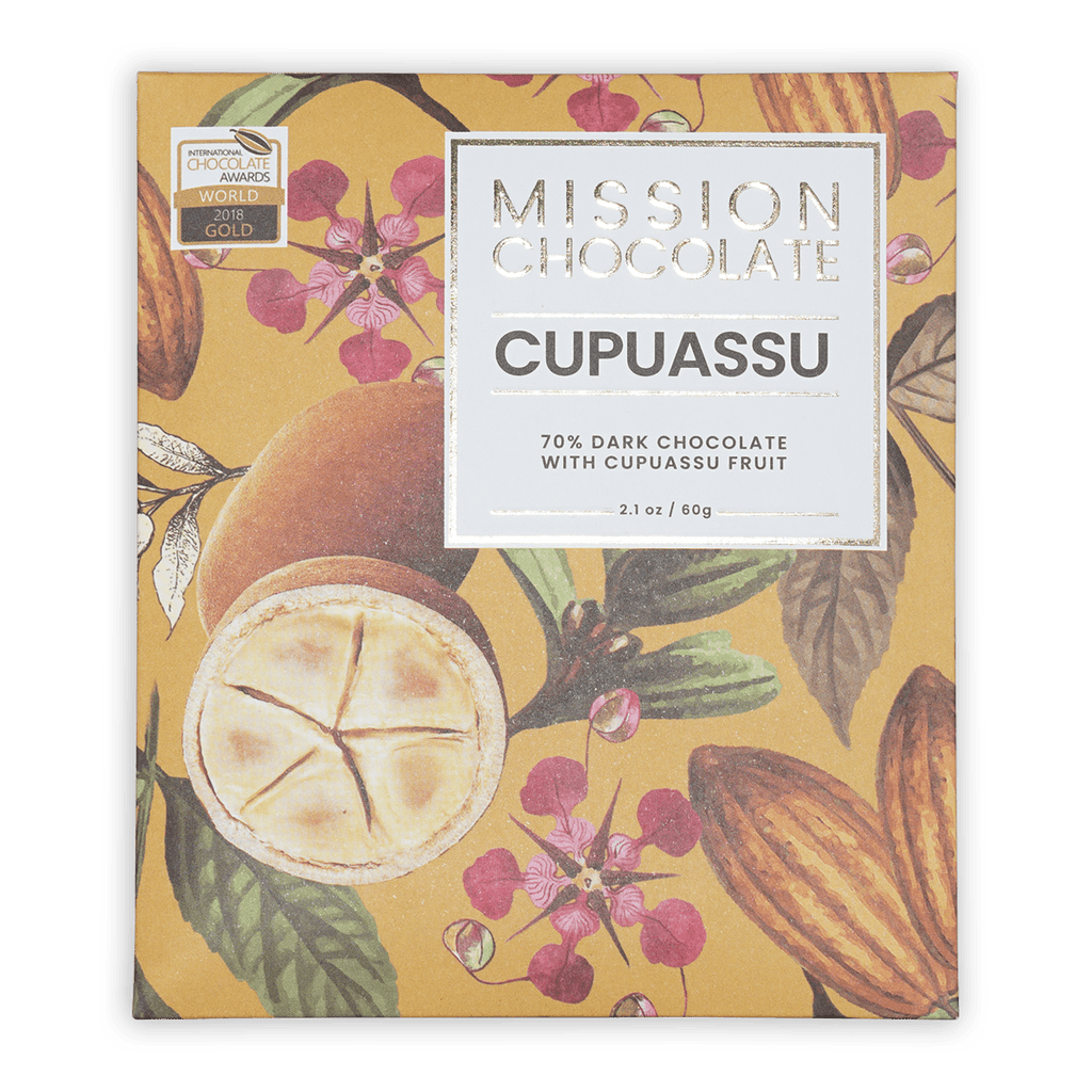 Mission Chocolate Cupuacu 70% dark chocolate bar in yellow wrapper