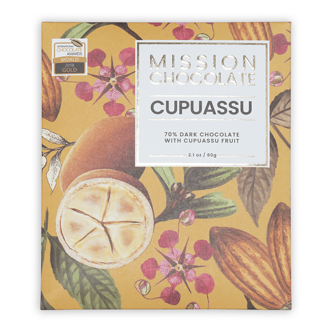 Mission Chocolate Cupuacu 70% dark chocolate bar in yellow wrapper