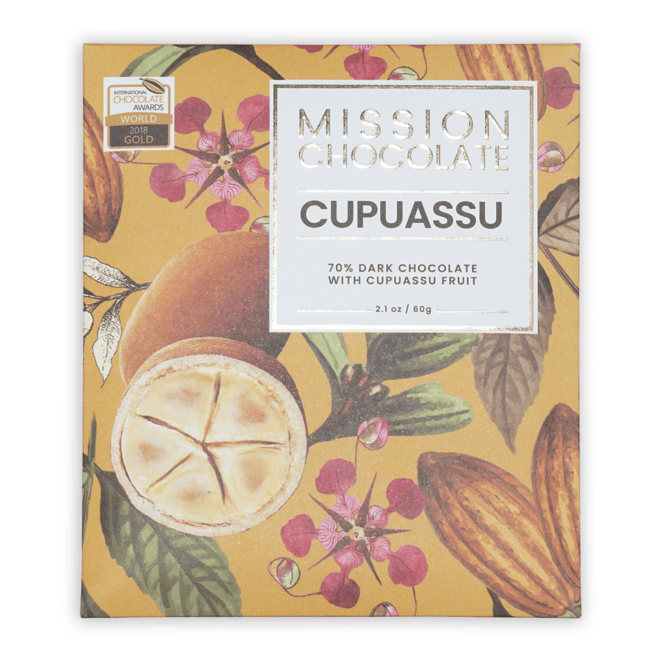 Mission Chocolate Cupuacu 70% dark chocolate bar in yellow wrapper