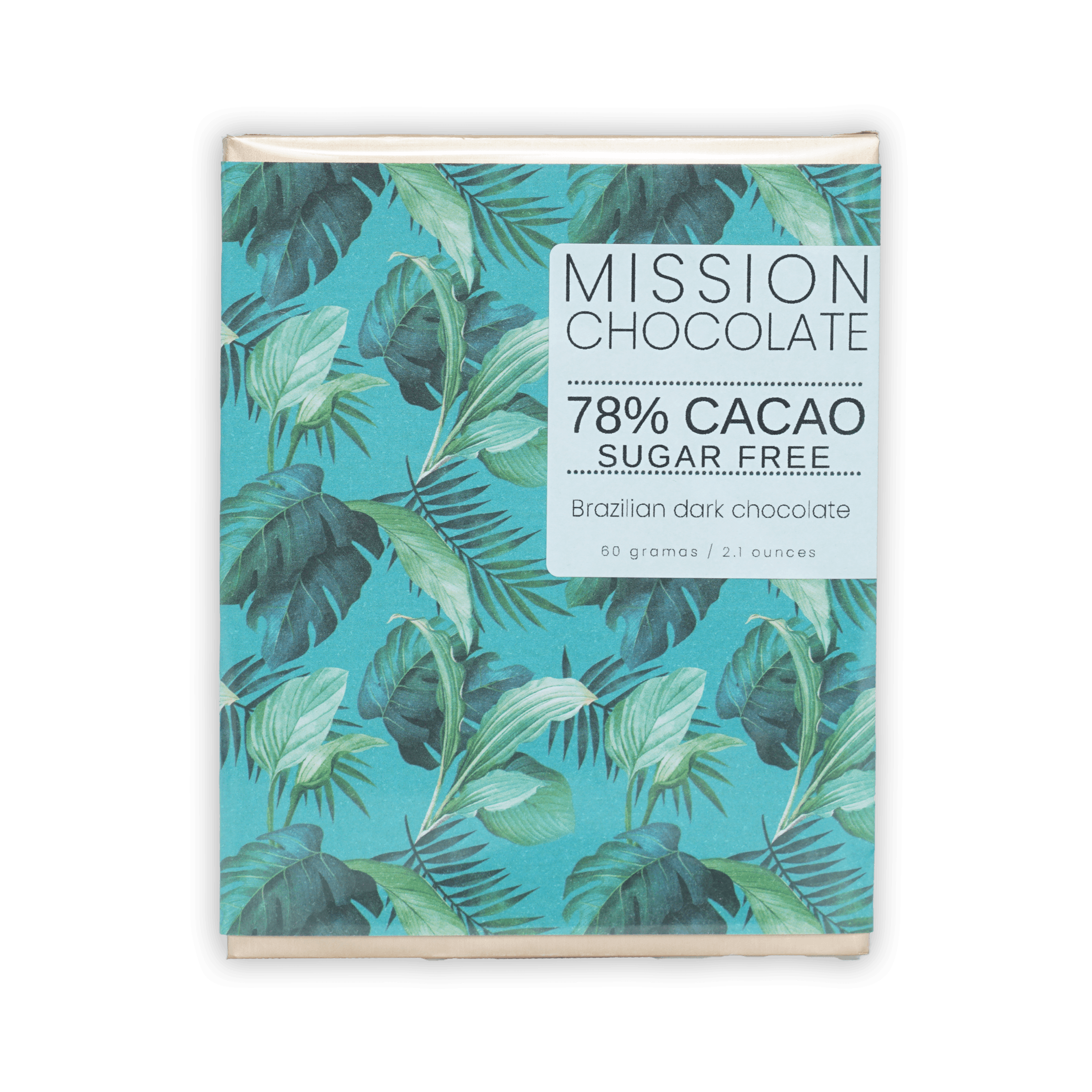 Mission Chocolate 78% cacao sugar-free Brazilian dark chocolate bar in turquoise wrapper
