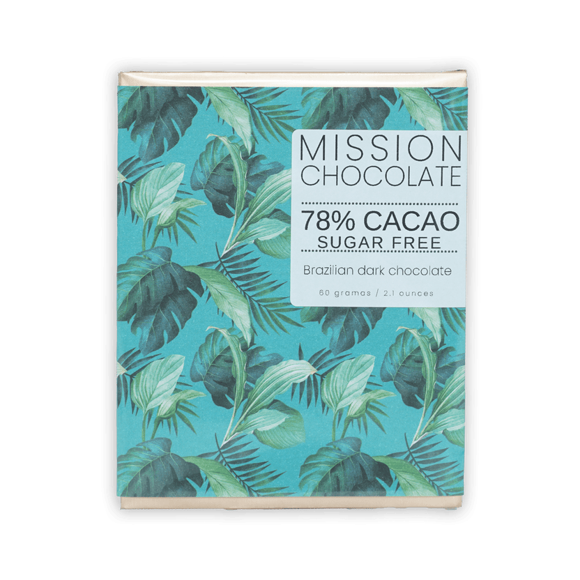 Mission Chocolate 78% cacao sugar-free Brazilian dark chocolate bar in turquoise wrapper