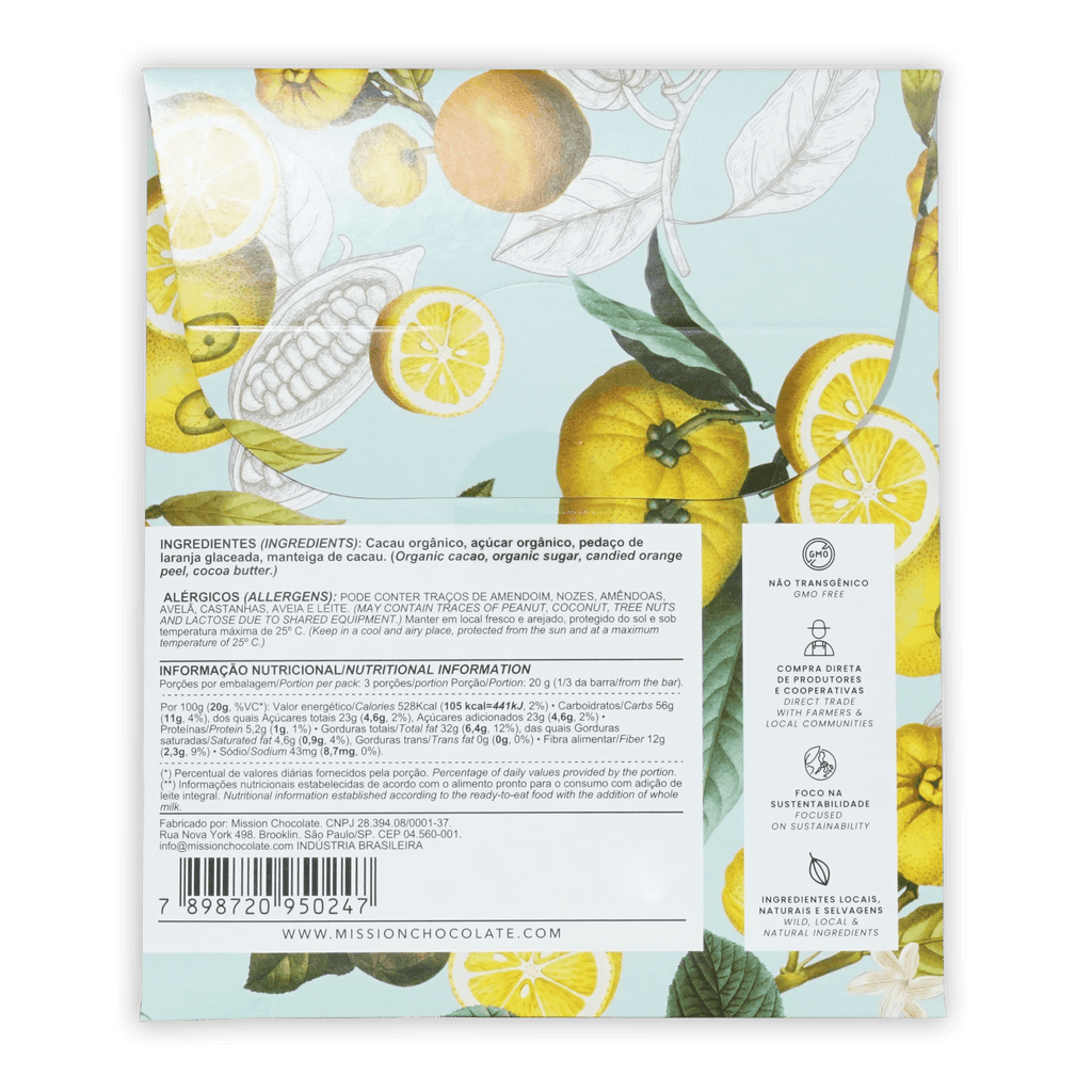 Vibrant yellow lemon-themed wrapper of mission chocolate dark 70 percent with candied orange peel showing nutritional info in portuguese