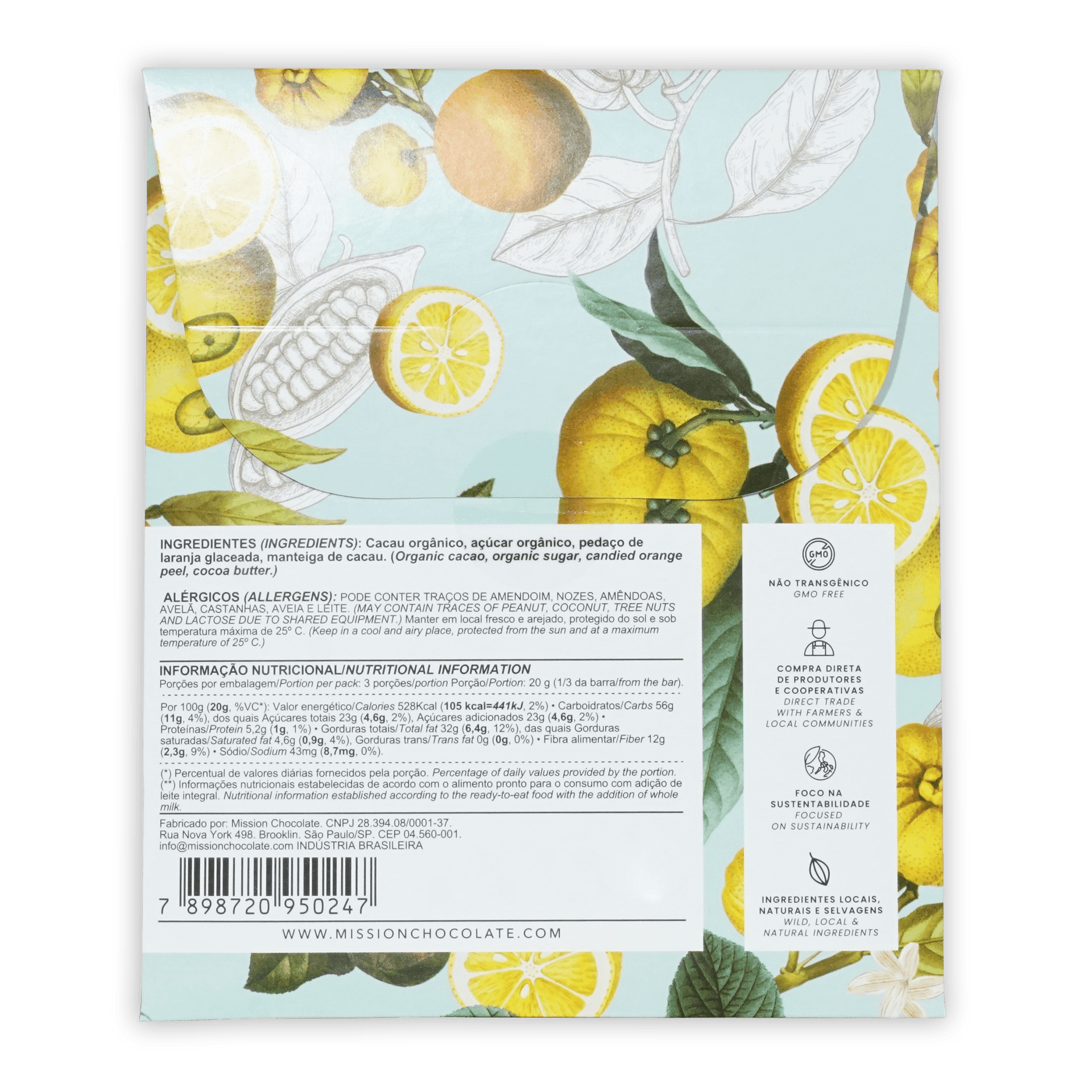Vibrant yellow lemon-themed wrapper of mission chocolate dark 70 percent with candied orange peel showing nutritional info in portuguese
