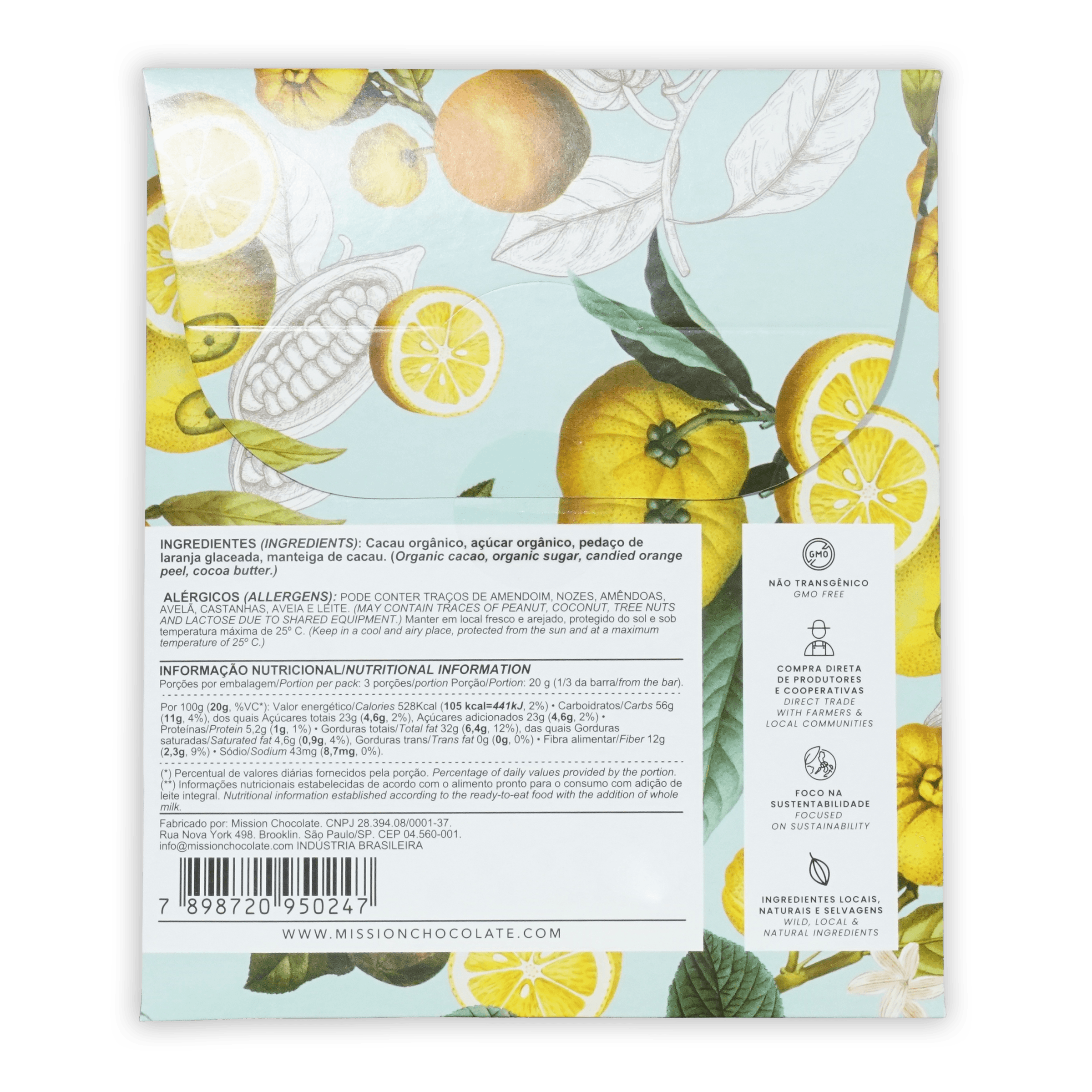 Vibrant yellow lemon-themed wrapper of mission chocolate dark 70 percent with candied orange peel showing nutritional info in portuguese
