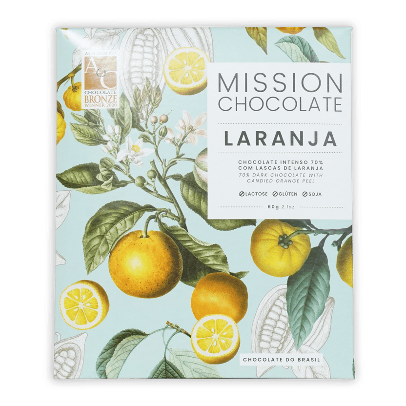 Mission chocolate dark with candied orange peel 70 percent bar in light blue wrapper with orange and lemon illustrations