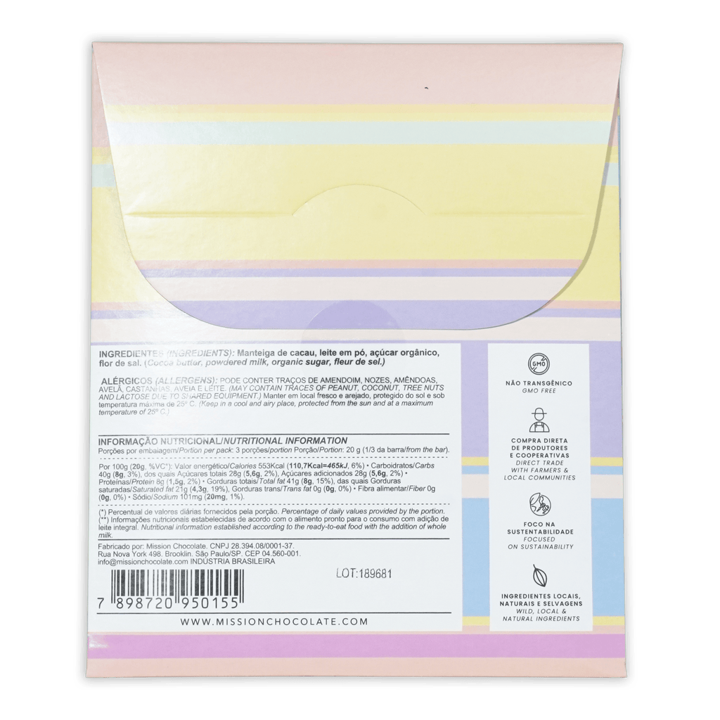 Mission chocolate dulce de leche and fleur de sel white chocolate bar with pastel lavender yellow and mint green striped wrapper