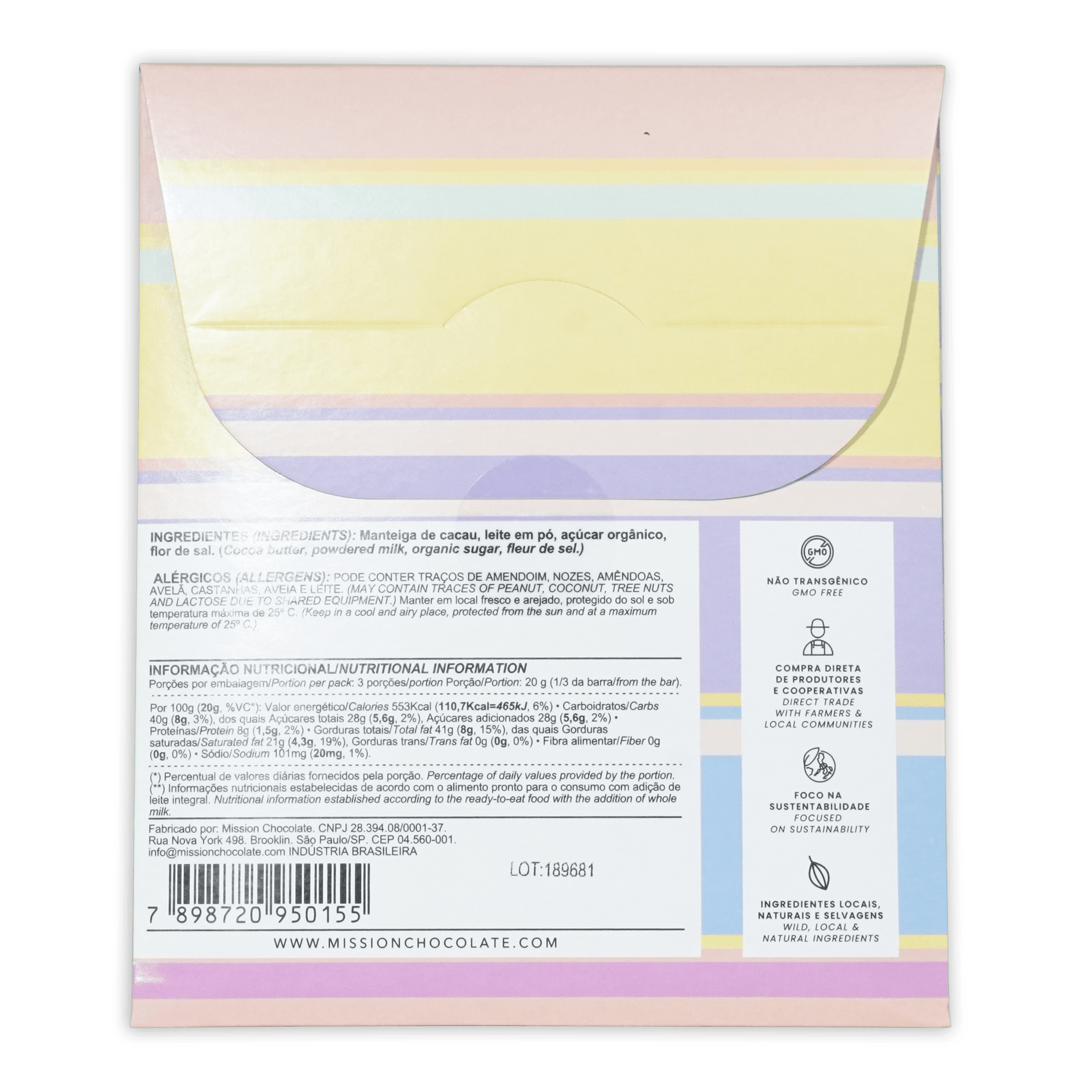 Mission chocolate dulce de leche and fleur de sel white chocolate bar with pastel lavender yellow and mint green striped wrapper