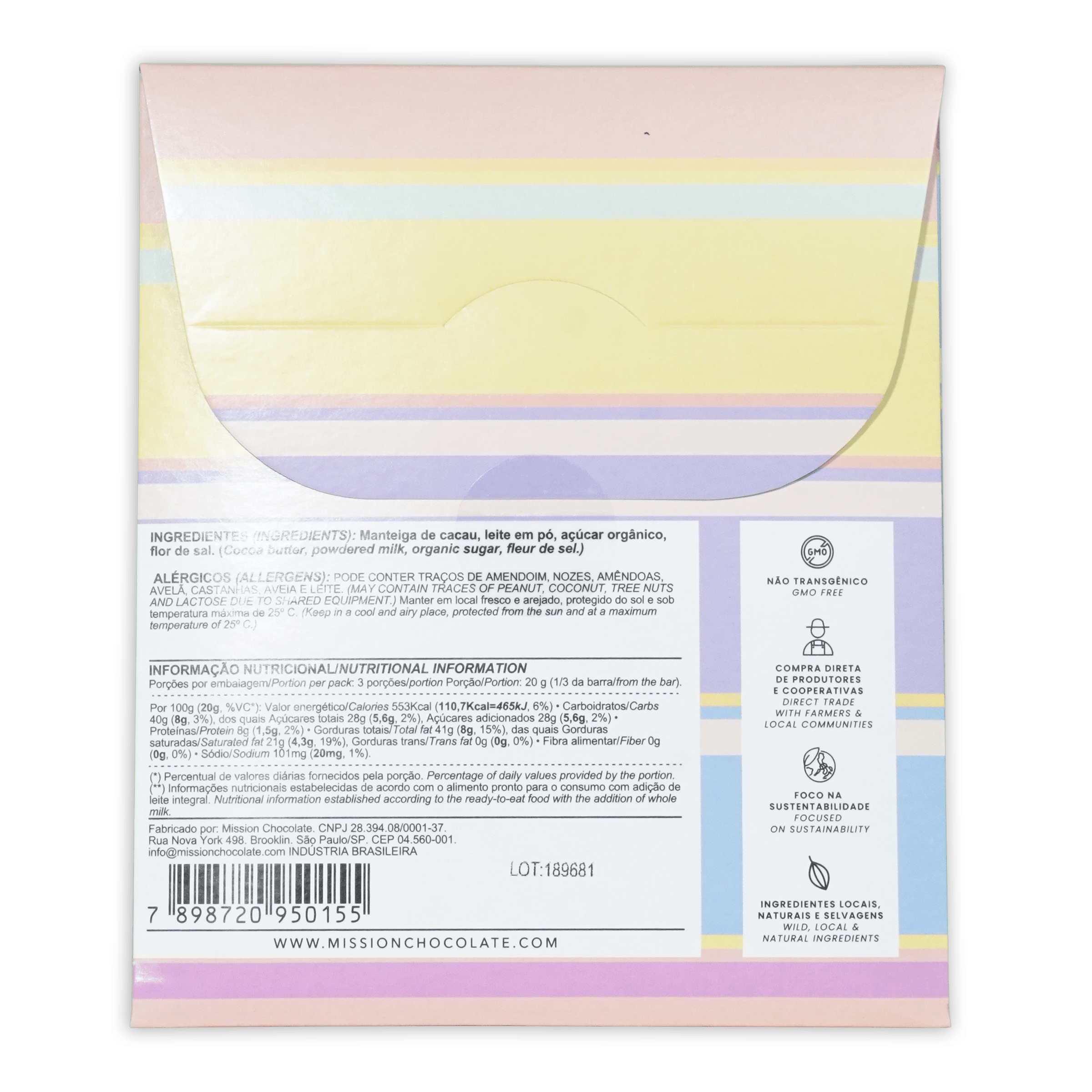 Mission chocolate dulce de leche and fleur de sel white chocolate bar with pastel lavender yellow and mint green striped wrapper