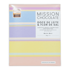 Pastel-striped box of Mission Chocolate dulce de leche and fleur de sel white chocolate with caramelized sea salt