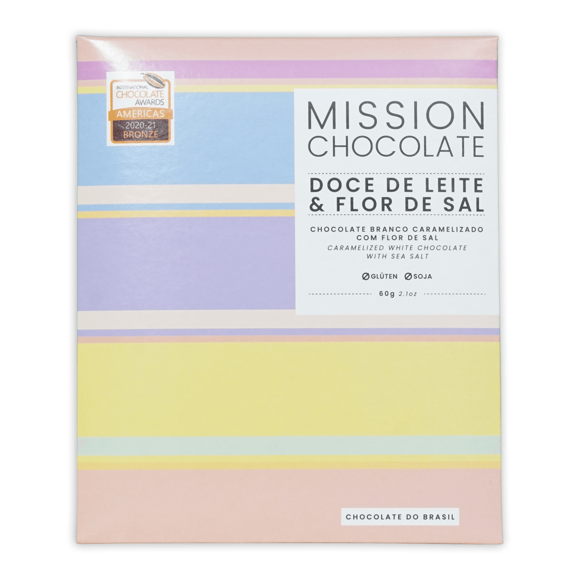 Pastel-striped box of Mission Chocolate dulce de leche and fleur de sel white chocolate with caramelized sea salt