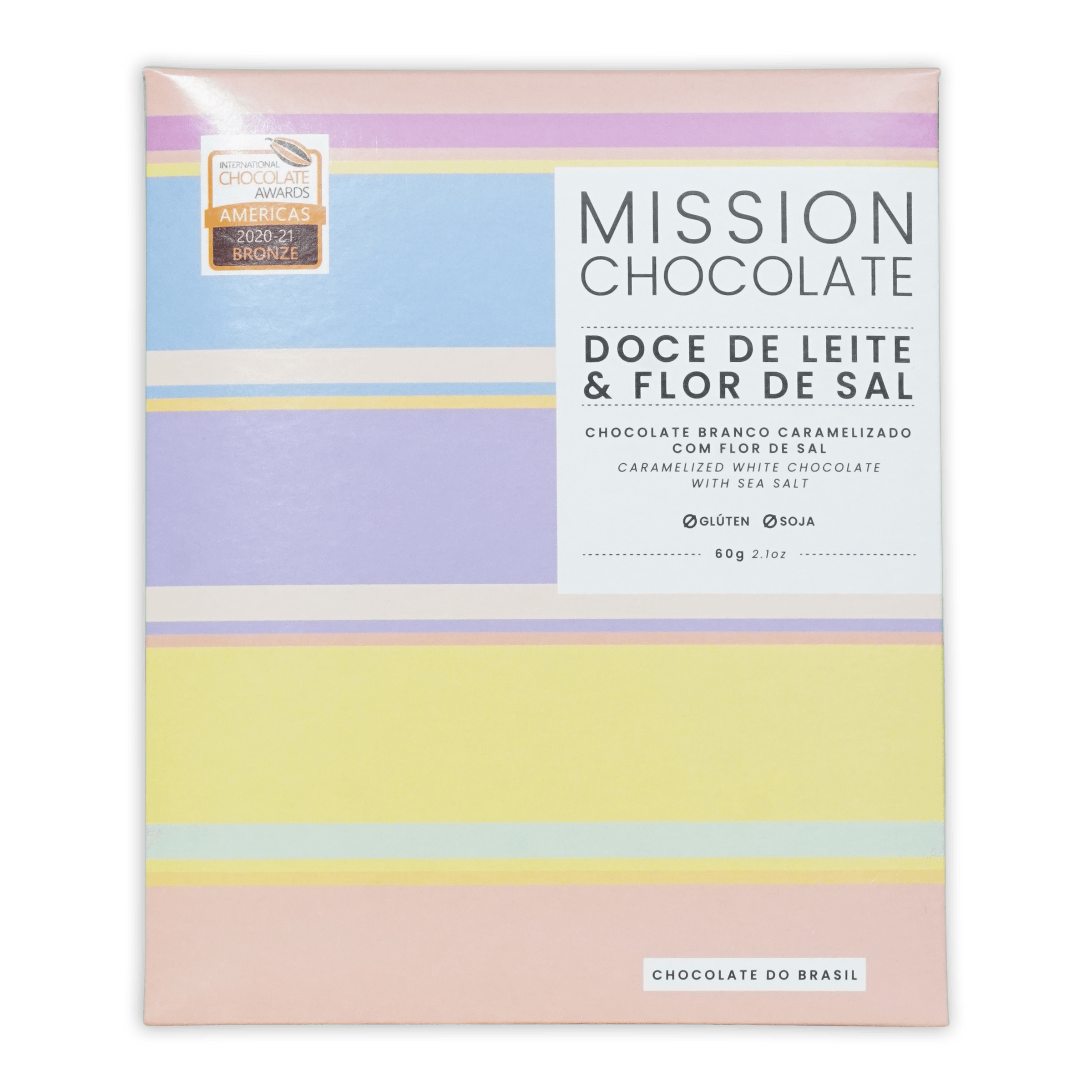 Pastel-striped box of Mission Chocolate dulce de leche and fleur de sel white chocolate with caramelized sea salt