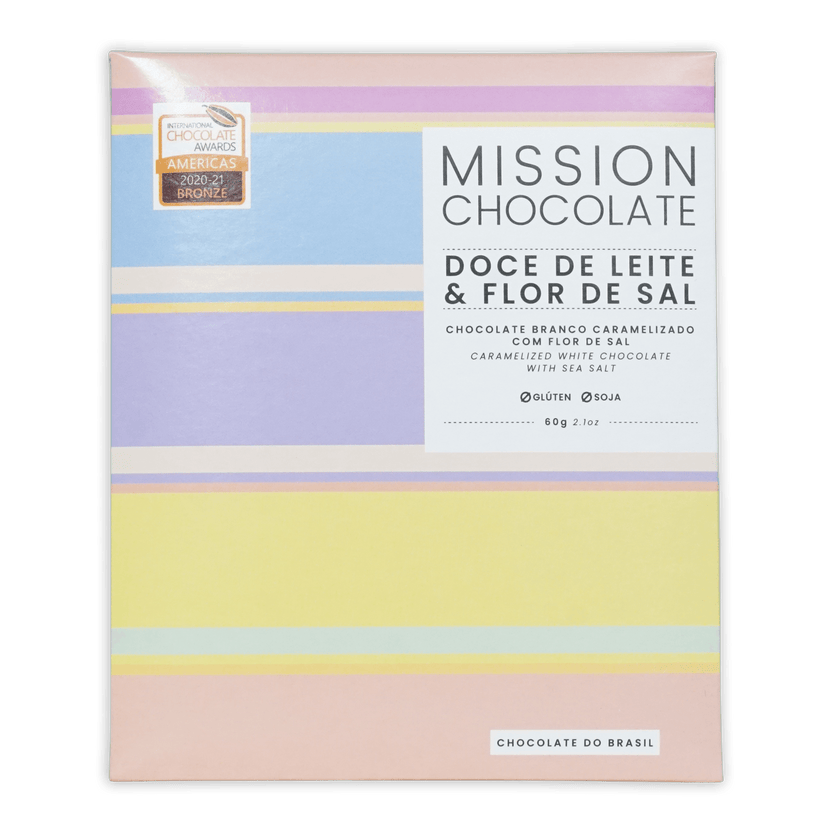 Pastel-striped box of Mission Chocolate dulce de leche and fleur de sel white chocolate with caramelized sea salt