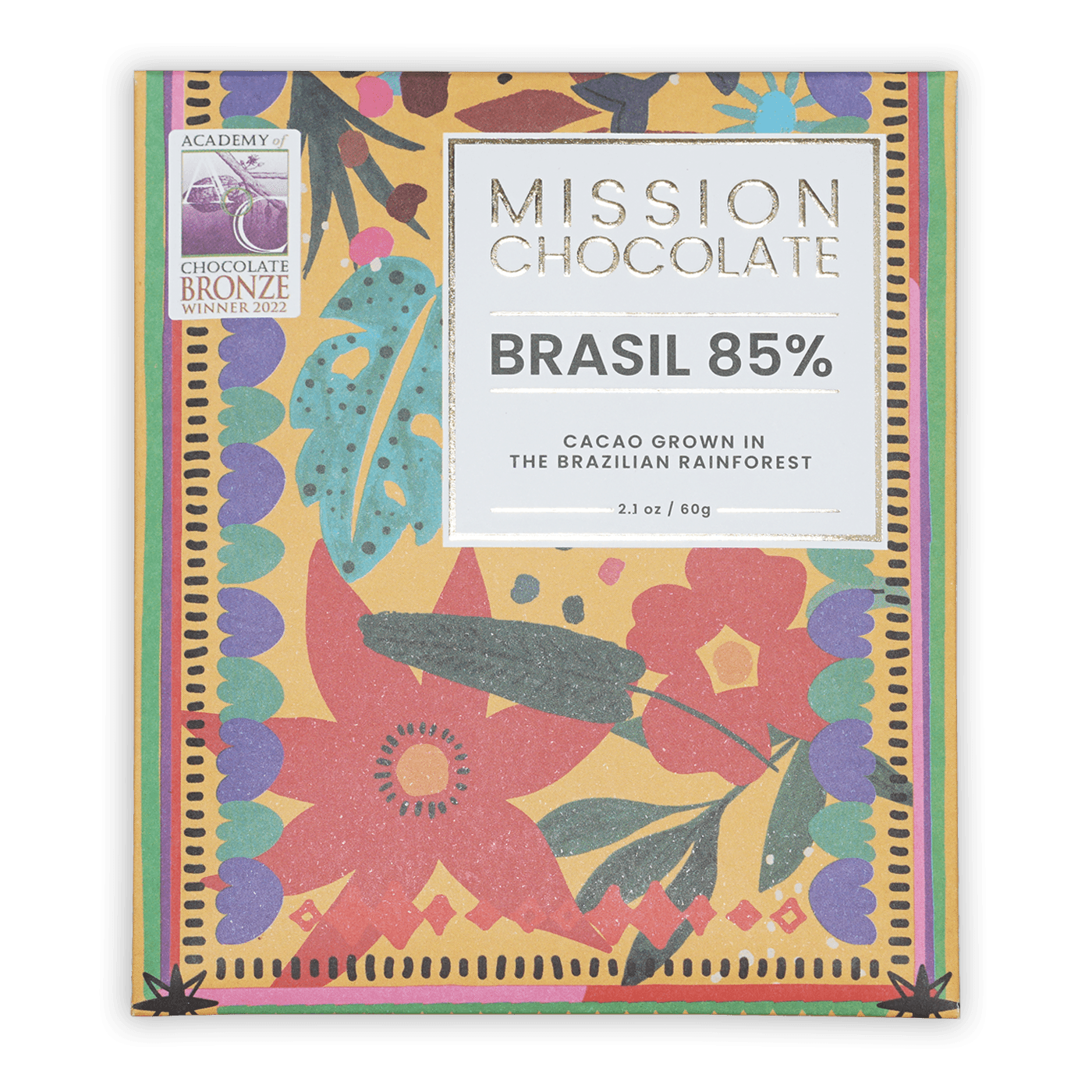 Mission Chocolate Escuro 85% dark chocolate bar in vibrant tropical wrapper