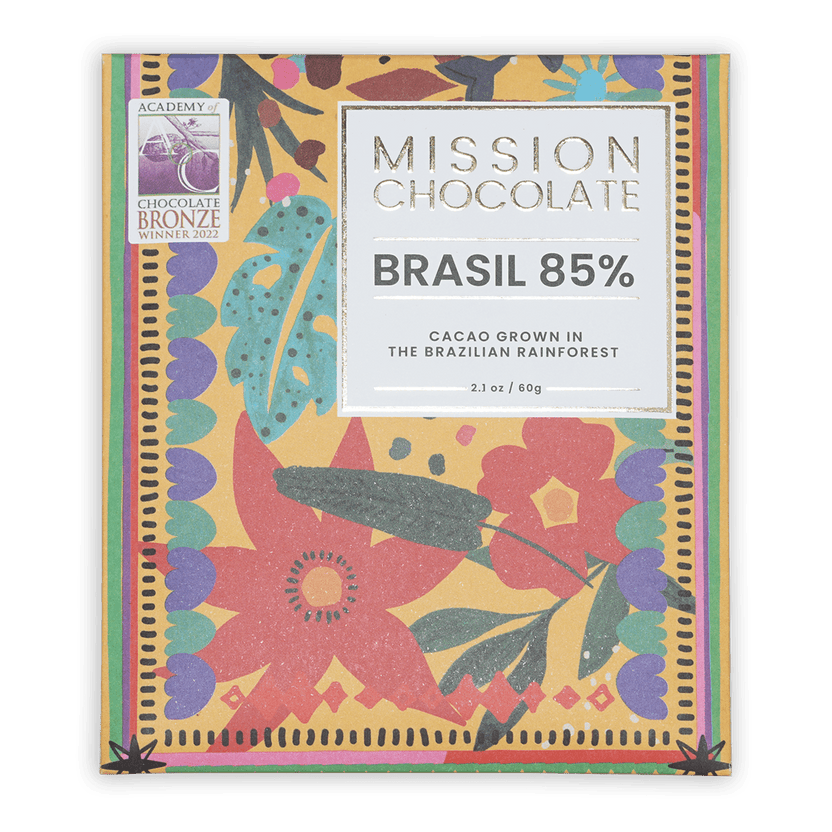 Mission Chocolate Escuro 85% dark chocolate bar in vibrant tropical wrapper