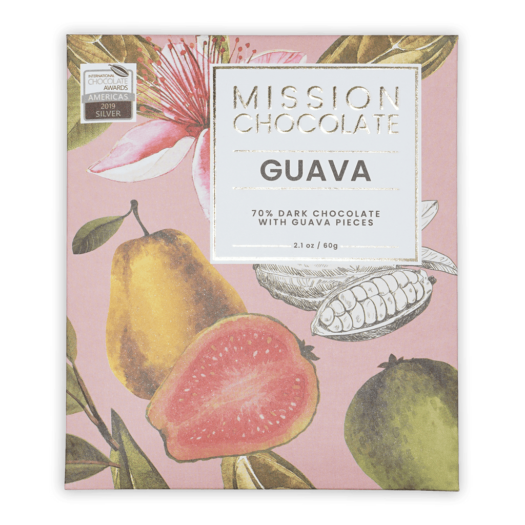 Mission Chocolate Goibada 70% guava dark chocolate bar in pink box