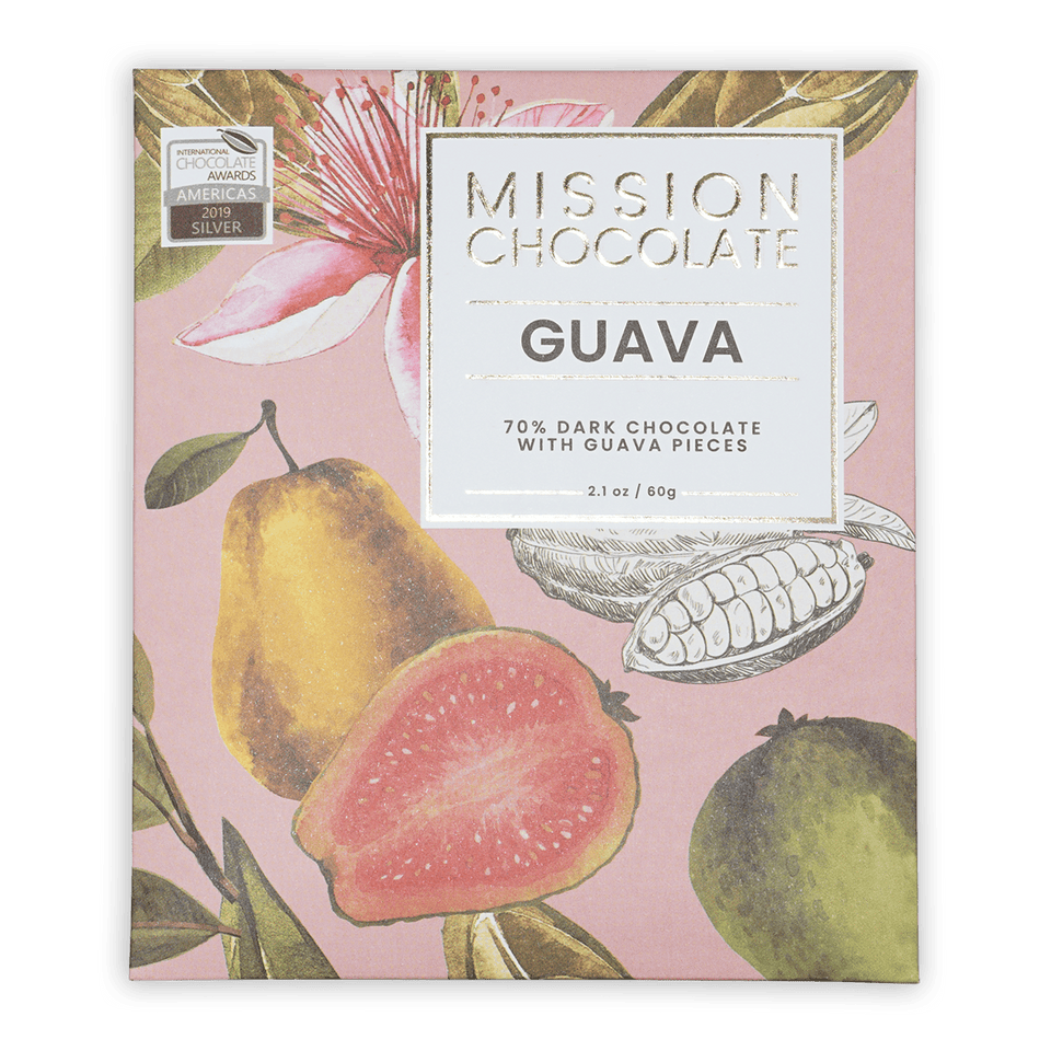 Mission Chocolate Goibada 70% guava dark chocolate bar in pink box