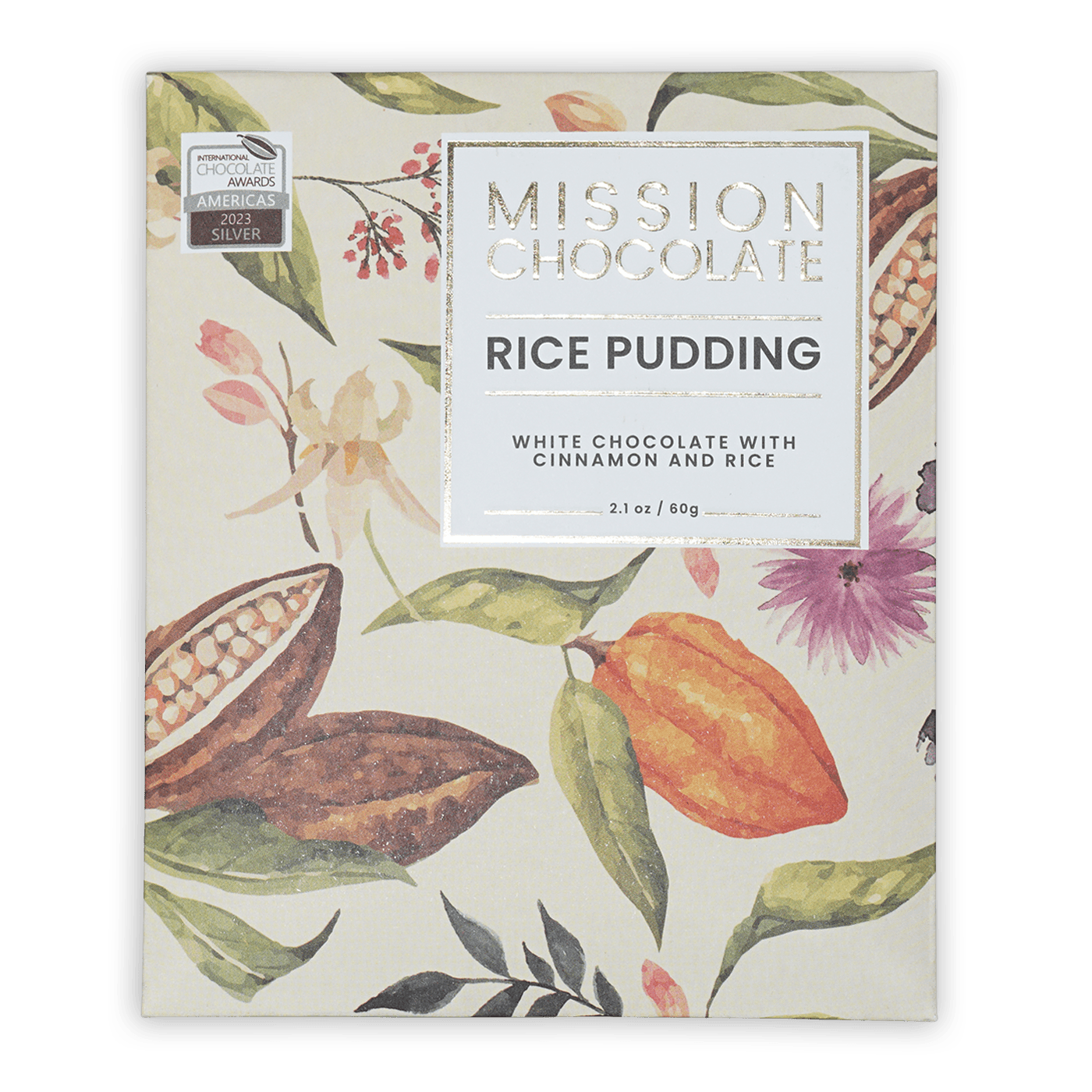 Mission Chocolate Horchata white chocolate bar with cinnamon rice pudding in elegant botanical box