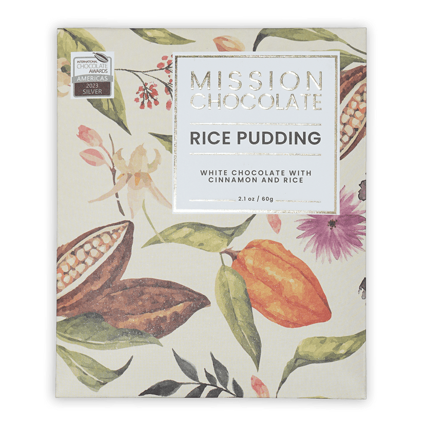Mission Chocolate Horchata white chocolate bar with cinnamon rice pudding in elegant botanical box