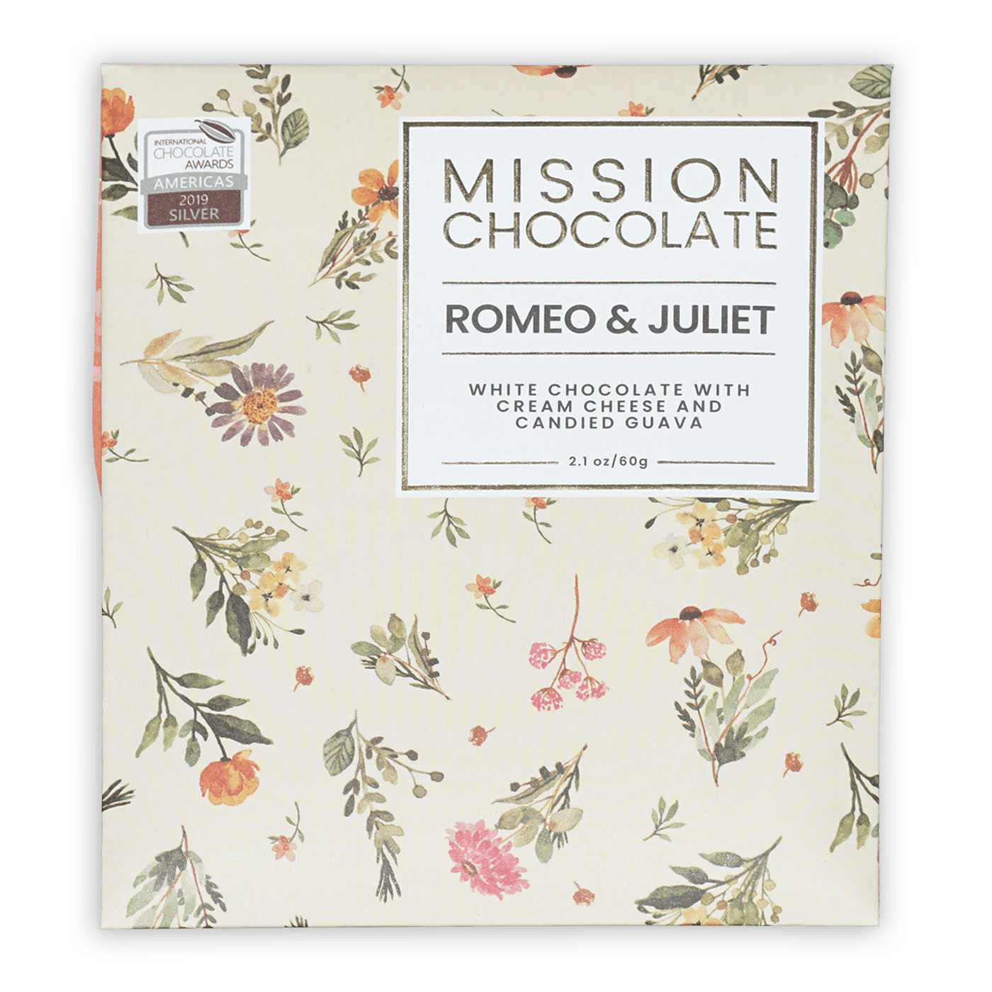 Mission Chocolates Romeo & Juliet white chocolate bar with floral packaging