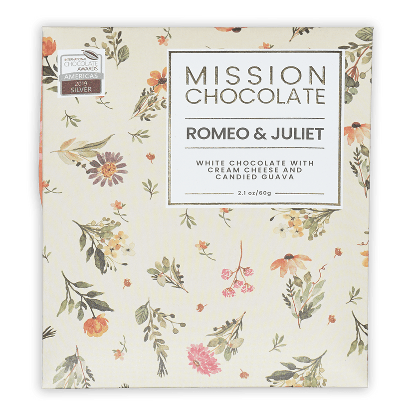 Mission Chocolates Romeo & Juliet white chocolate bar with floral packaging