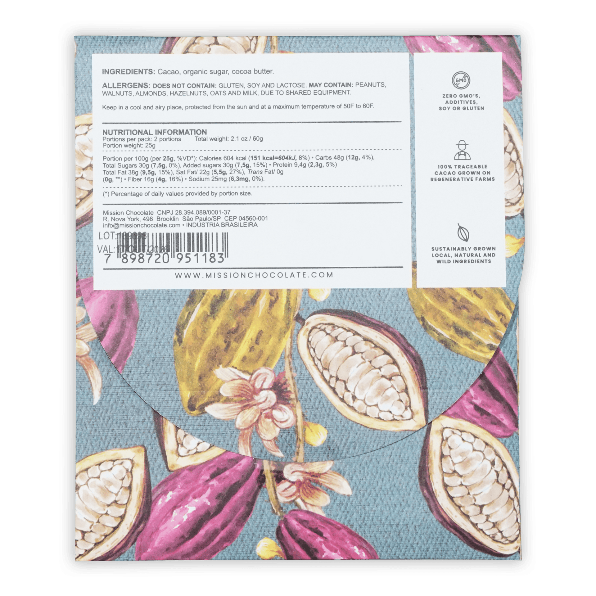 Mission chocolate two rivers 70 percent dark chocolate 2.1 oz bar with purple and yellow cacao pod illustrations on blue background