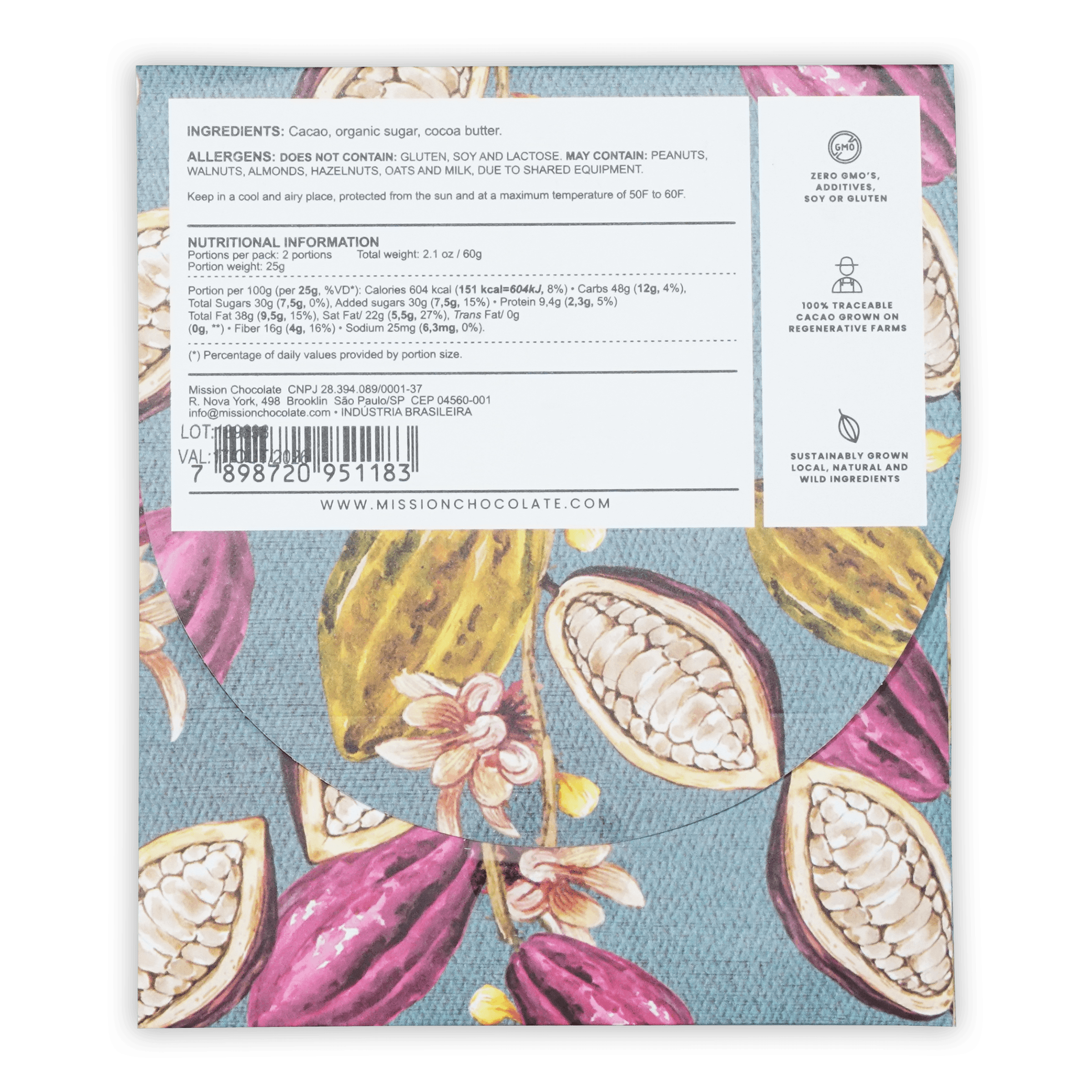 Mission chocolate two rivers 70 percent dark chocolate 2.1 oz bar with purple and yellow cacao pod illustrations on blue background