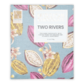 Mission chocolate two rivers 70% dark chocolate bar in vibrant blue packaging with pink and yellow cacao illustrations