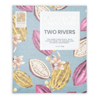 Mission chocolate two rivers 70% dark chocolate bar in vibrant blue packaging with pink and yellow cacao illustrations