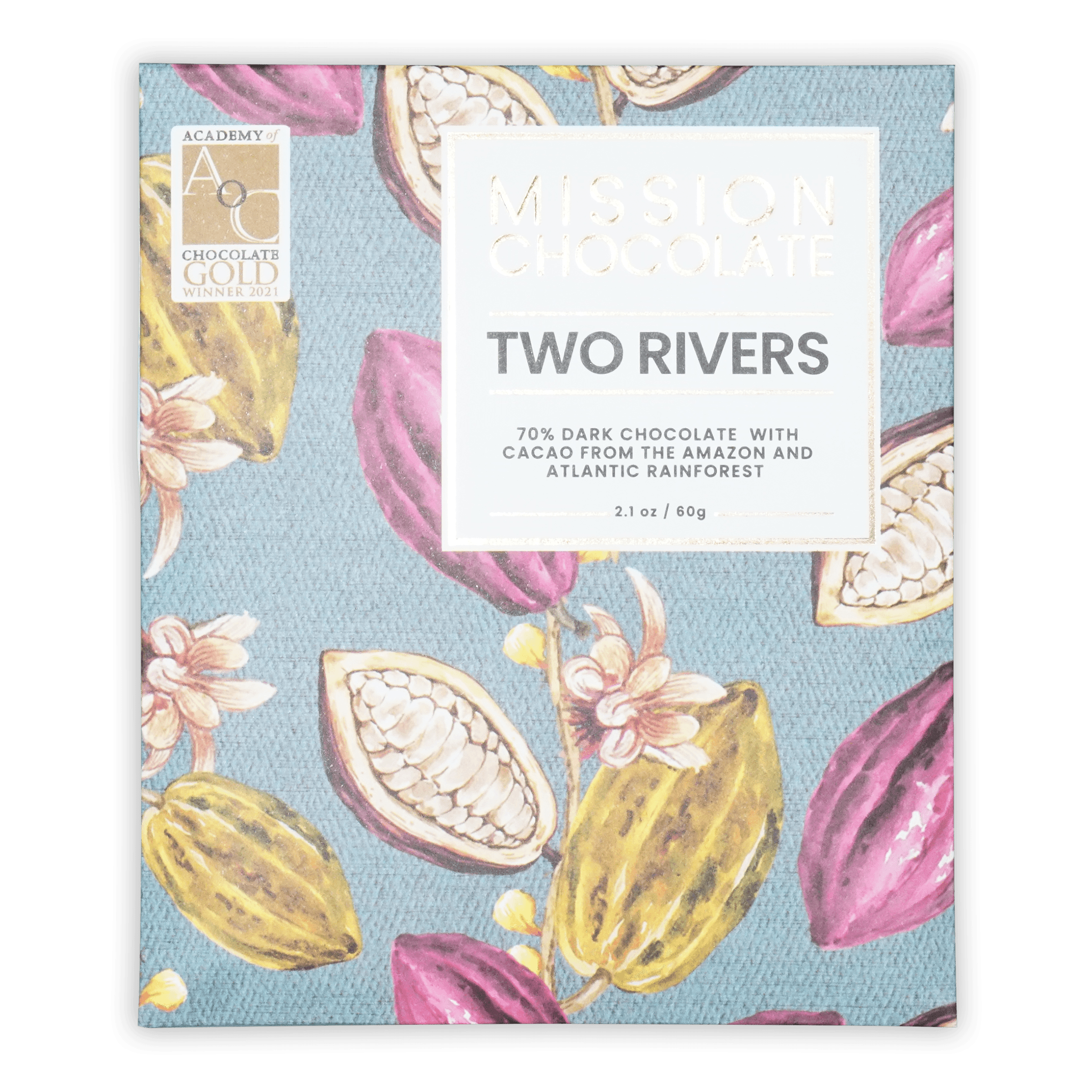 Mission chocolate two rivers 70% dark chocolate bar in vibrant blue packaging with pink and yellow cacao illustrations