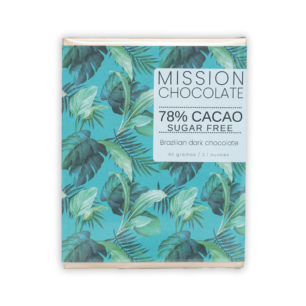 Mission Chocolate 78% cacao sugar-free Brazilian dark chocolate bar in turquoise wrapper