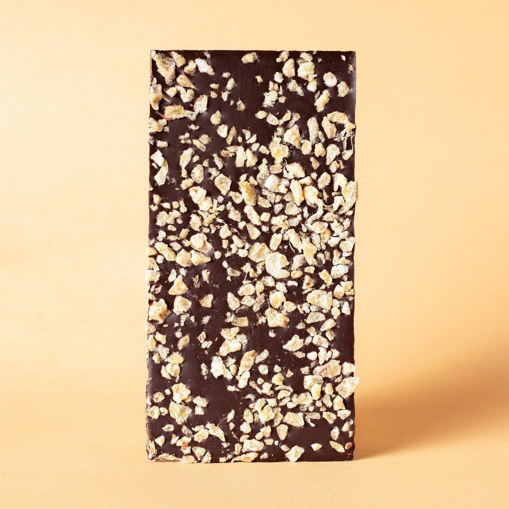 Unwrapped Moka Lemon Ginger 72% dark chocolate bar with visible ginger pieces