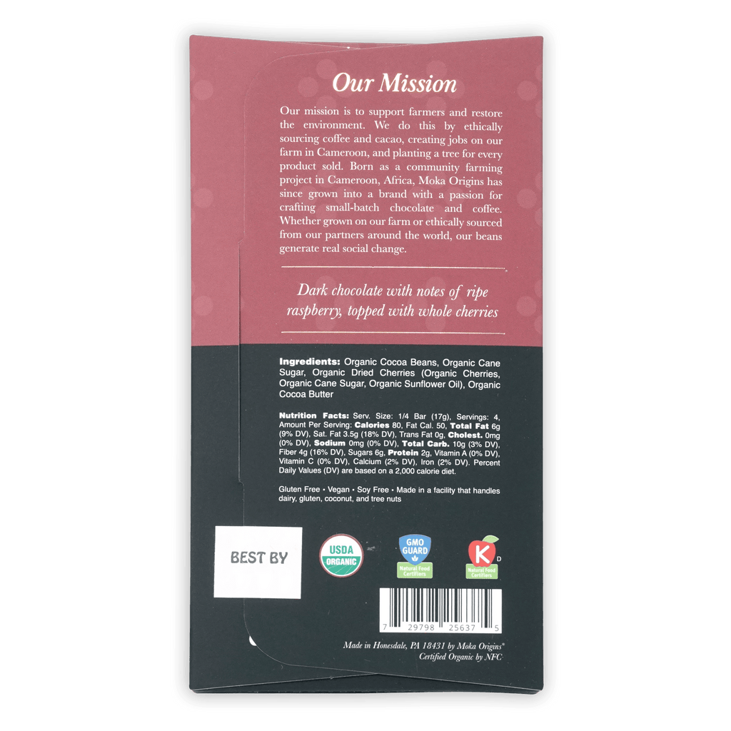 Back of Moka Origins 72% dark chocolate with cherry bar wrapper, organic certifications