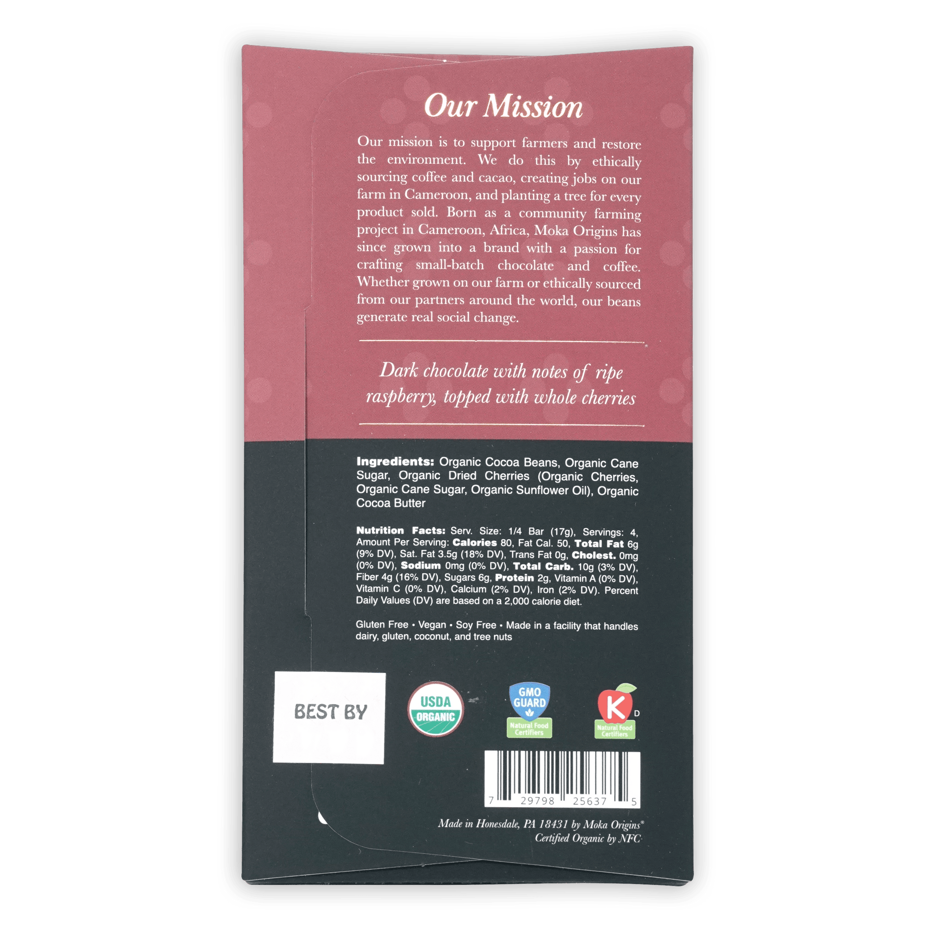 Back of Moka Origins 72% dark chocolate with cherry bar wrapper, organic certifications
