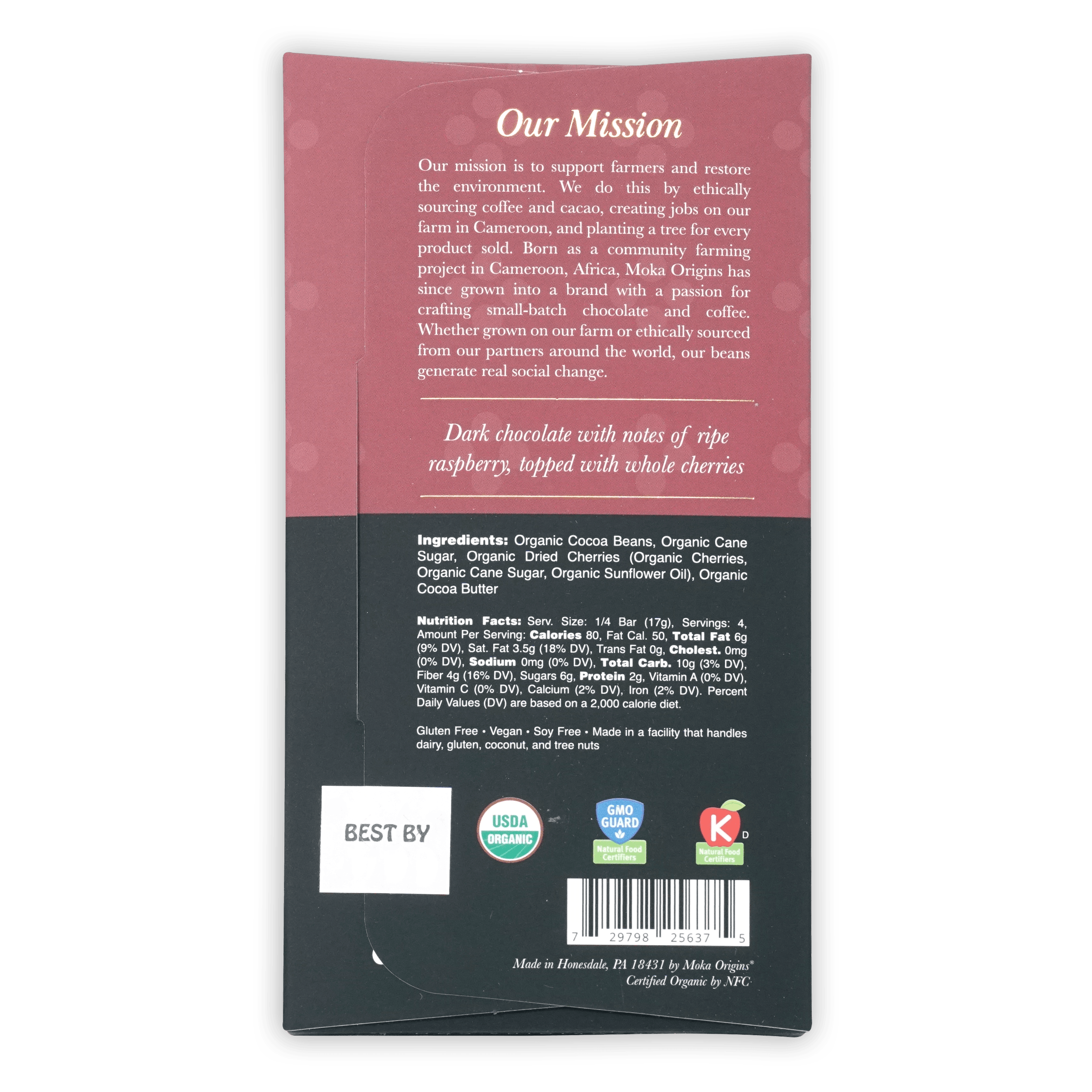 Back of Moka Origins 72% dark chocolate with cherry bar wrapper, organic certifications