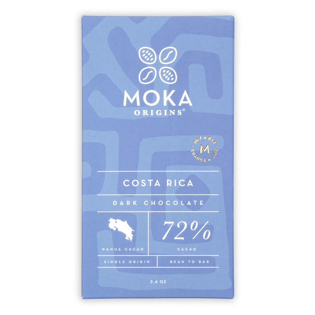 Moka Dark Costa Rica 72% dark chocolate bar in light blue wrapper