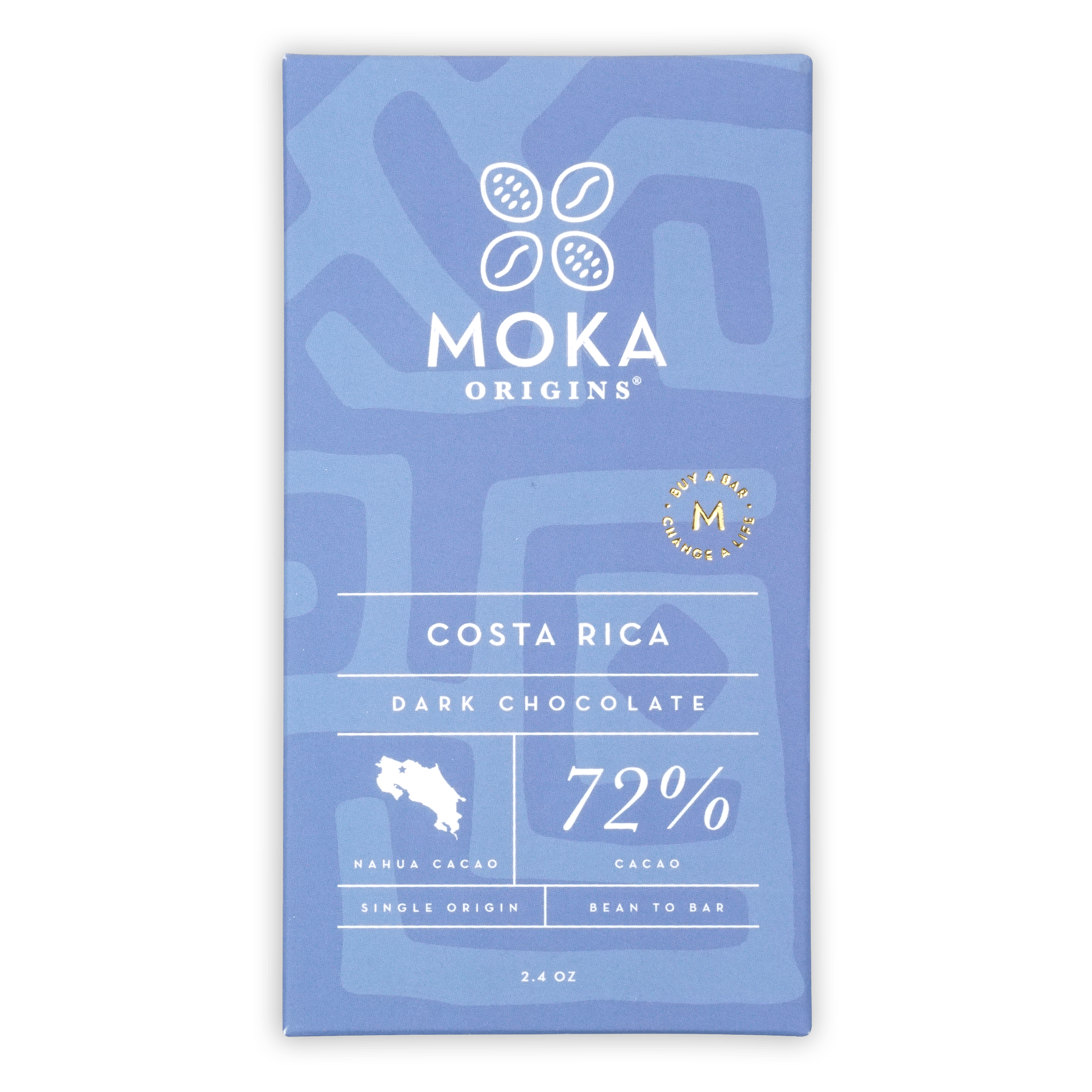 Moka Dark Costa Rica 72% dark chocolate bar in light blue wrapper