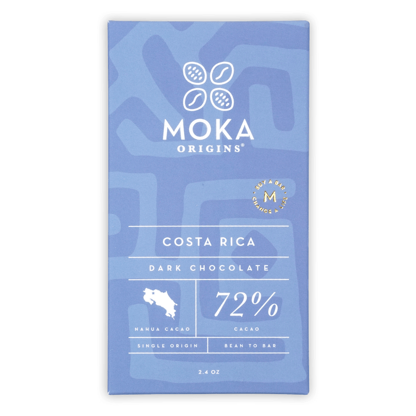 Moka Dark Costa Rica 72% dark chocolate bar in light blue wrapper