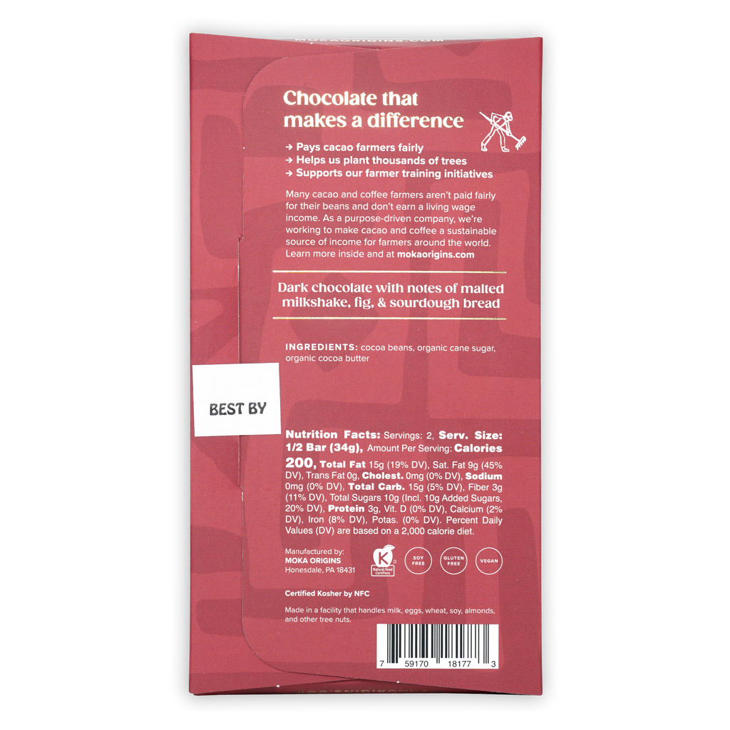 Moka Dark Cameroon 72% red wrapper with malted milkshake fig sourdough flavor
