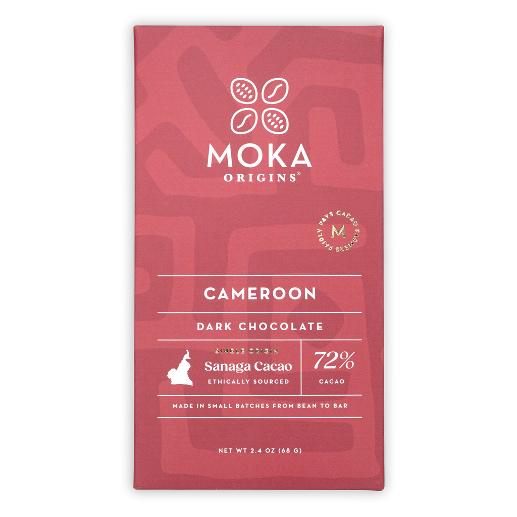 Moka Dark Cameroon 72% cacao bar in red wrapper with cocoa icons