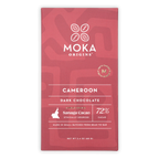 Moka Dark Cameroon 72% cacao bar in red wrapper with cocoa icons