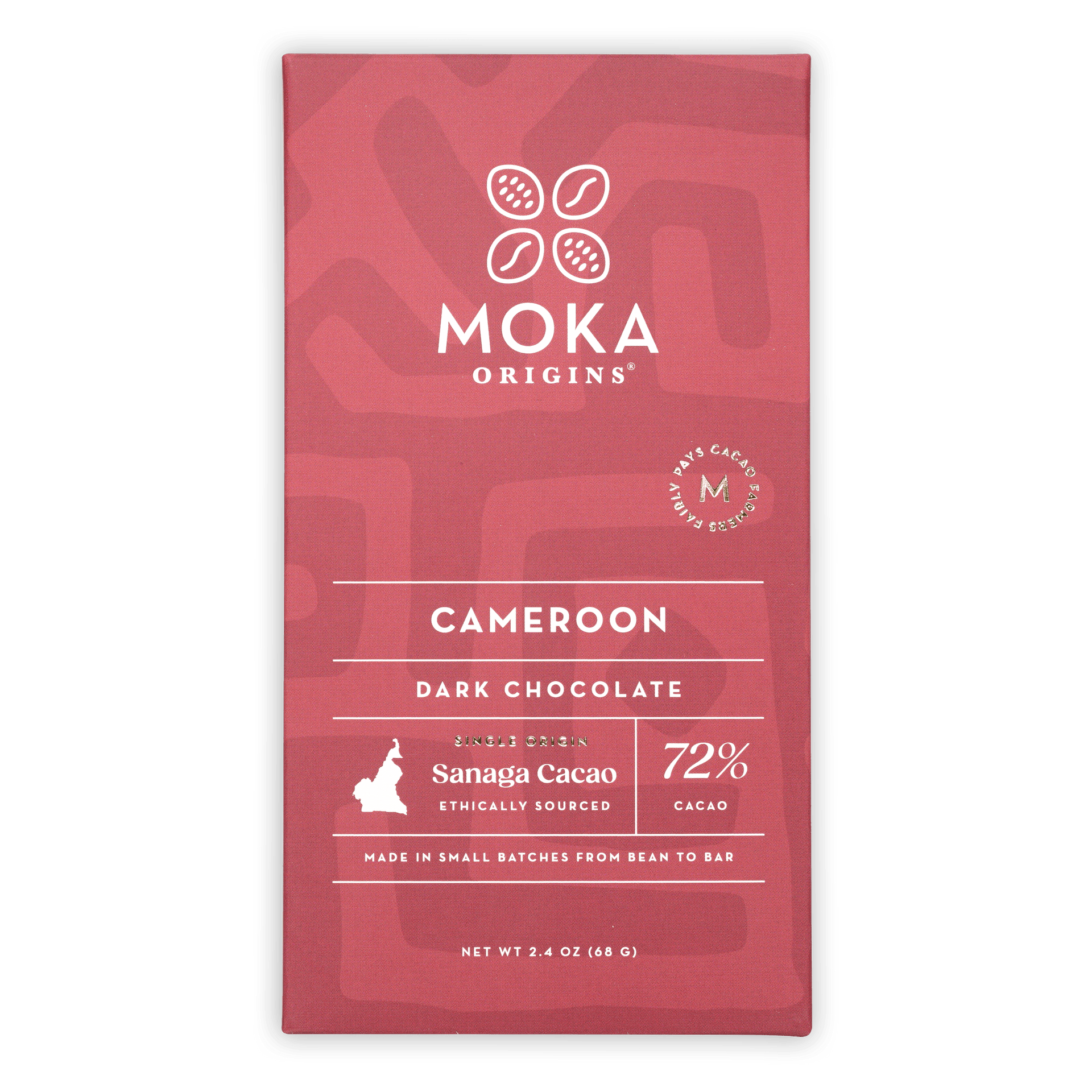 Moka Dark Cameroon 72% cacao bar in red wrapper with cocoa icons